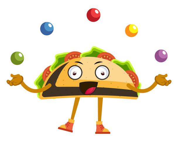 Taco juggling with balls, illustration, vector on white backgrou - Vector, Image