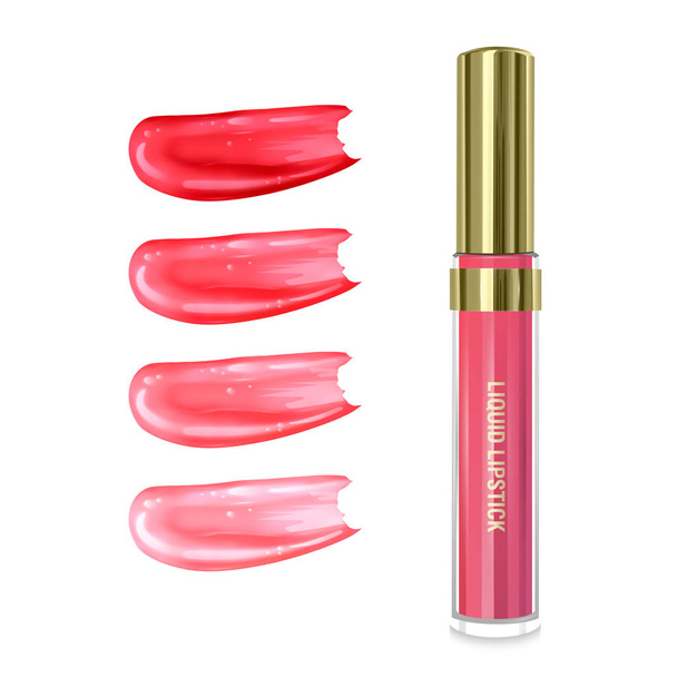 Nestemäinen huulipuna, huulikiilto tyylikkäässä pullossa, sulje säiliö harjalla ja kokeet vaaleanpunaista huulipunaa kirkkaanpunaisesta vaaleanpunaiseen valkoisella taustalla. Vektori EPS 10 kuva
 - Vektori, kuva