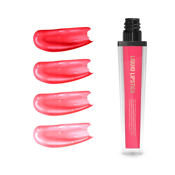 Υγρό κραγιόν, λιπ γκλος σε κομψό μπουκάλι, ανοιχτό δοχείο με βούρτσα και επιχρίσματα από ροζ κραγιόν από φωτεινό κόκκινο σε ανοιχτό ροζ χρώματα σε λευκό φόντο. Απεικόνιση διανυσματικών φορέων - Διάνυσμα, εικόνα