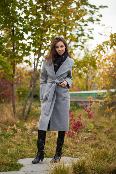 Portrait of young beautiful woman in gray coat posing in autumn  - Foto, afbeelding