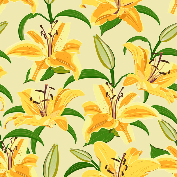 Lily flower seamless pattern on yellow background, Yellow lily floral vector illustration - Vector, afbeelding
