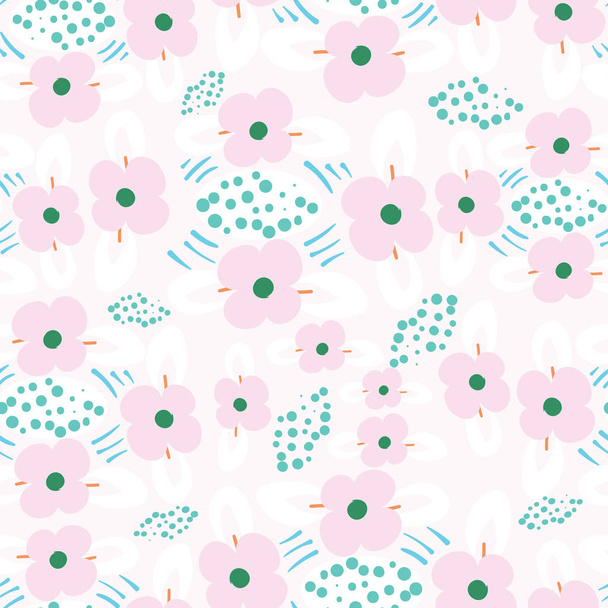 ピンクの花とティールドットとライトピンクシームレスなパターンの背景デザイン. - ベクター画像