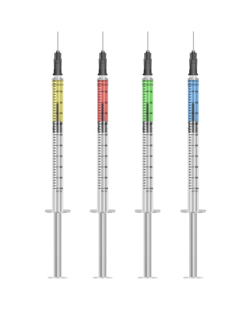 Insulin syringe 0.5 ml with multi-colored liquids on a white background. Realistic vector EPS 10 illustration - Vetor, Imagem