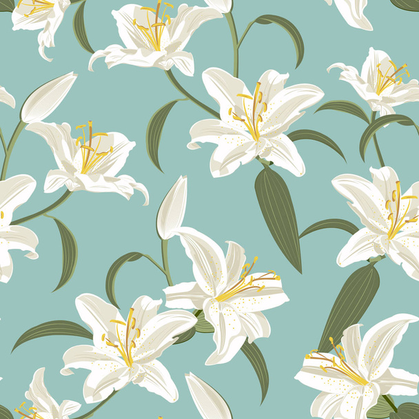 Lily flower seamless pattern on green background, white lily floral vector illustration - Vetor, Imagem