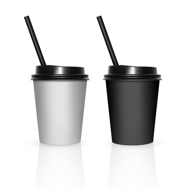 ふたが付いている使い捨て可能な黒および白いプラスチックのコップのセット。コーヒーを飲むのが一杯だ白い背景に隔離されています。3Dリアルなイラスト. - ベクター画像