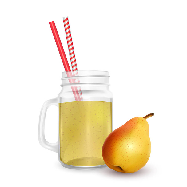 The jar of smoothies of pear with striped straw for cocktails isolated on white background for advertising your products drinks in restaurants and cafes. Vector EPS 10 illustration - Vector, Image