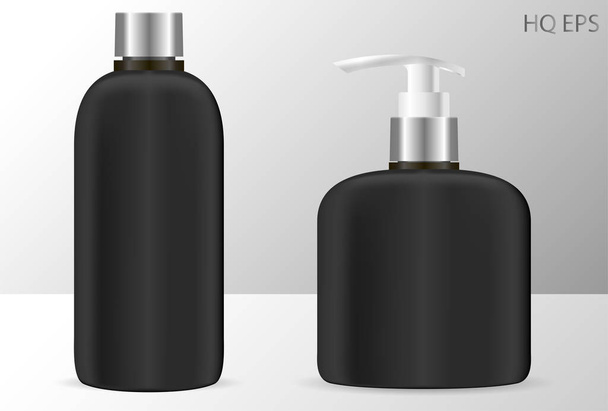 Black shampoo and soap dispenser bottles cosmetic - Vector, Image
