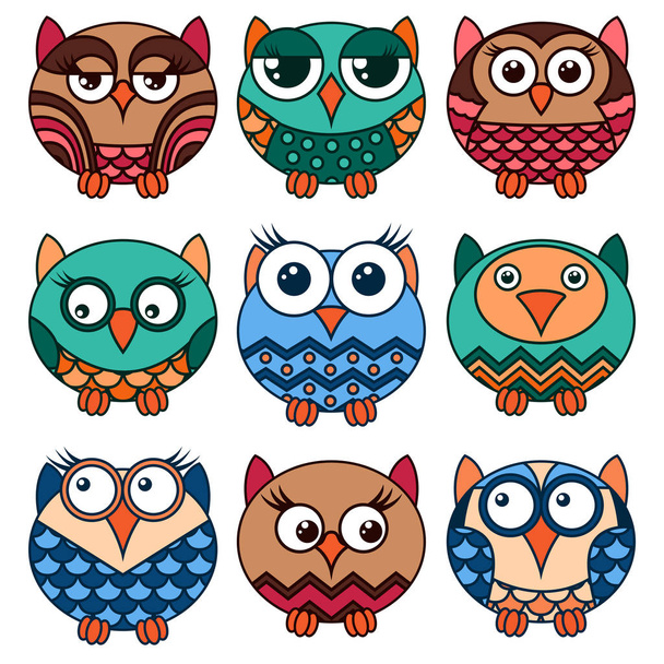 Nine funny various oval owls  - Vektor, kép