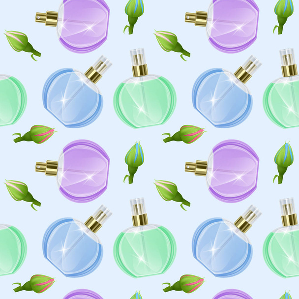 Seamless Endless Pattern with Print of perfume bottles and roses in cartoon style Can be used in food industry for wallpapers, wrapping paper, wedding cards. - Vector, Image