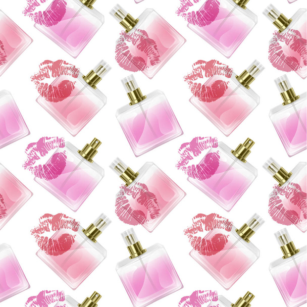 Naadloze eindeloze patroon met print van parfumflesjes en Kiss prints in cartoon stijl kan worden gebruikt in de levensmiddelenindustrie voor wallpapers, inpakpapier, bruiloft kaarten. Vector EPS 10 illustratie - Vector, afbeelding