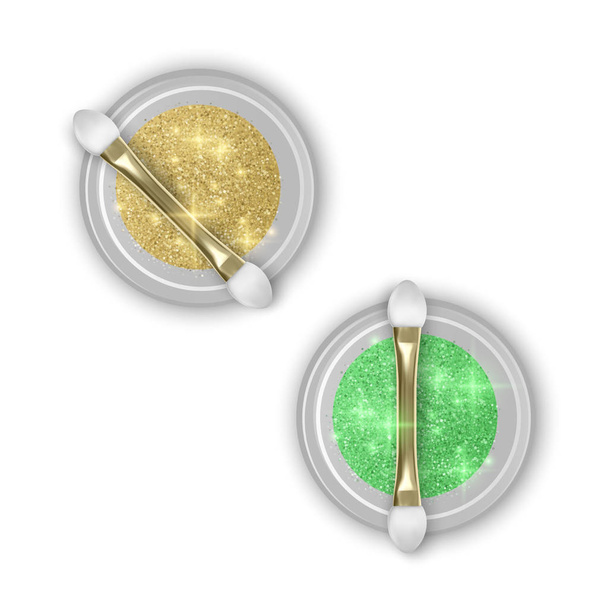 Glitzerglas. realistisches Objekt mit Funkeln, Draufsicht. Set von Glitzergläsern in goldenen und grünen Farben mit realistischem Pinsel für Make-up - Vektor, Bild