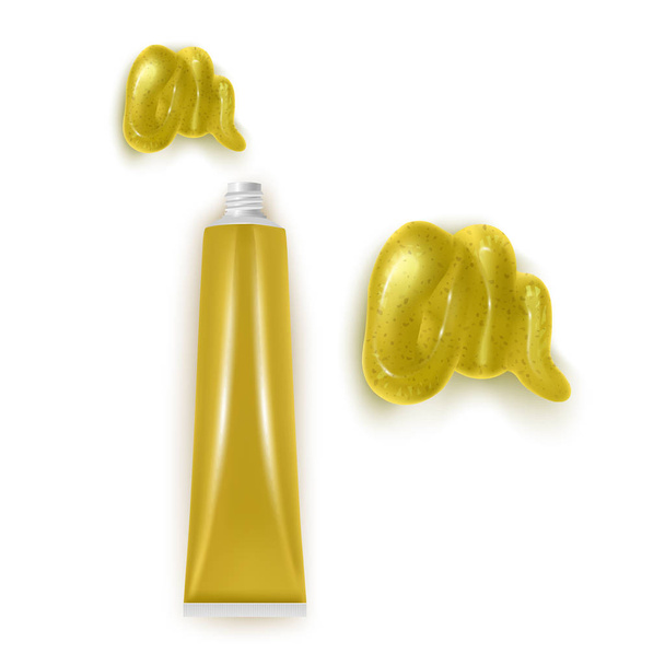 Bottle and spilled sauce of mustard, Top view of a bottle of mustard with a small blob squeezed out onto a white background. Vector Eps 10 illustration - Vector, Image