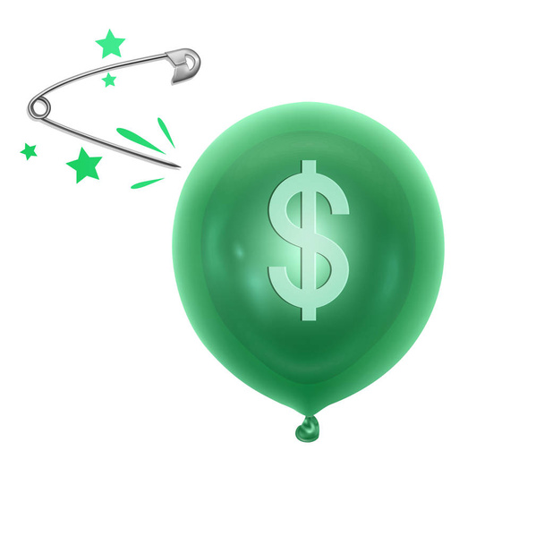 ein aufblasbarer Ballon mit einem Dollarsymbol und einer Nadel. Konzept des Wirtschaftsproblems oder der Finanzkrise, Rezession, Inflation, Konkurs, Einkommensverlust, Kapitalverlust. Vektorillustration - Vektor, Bild