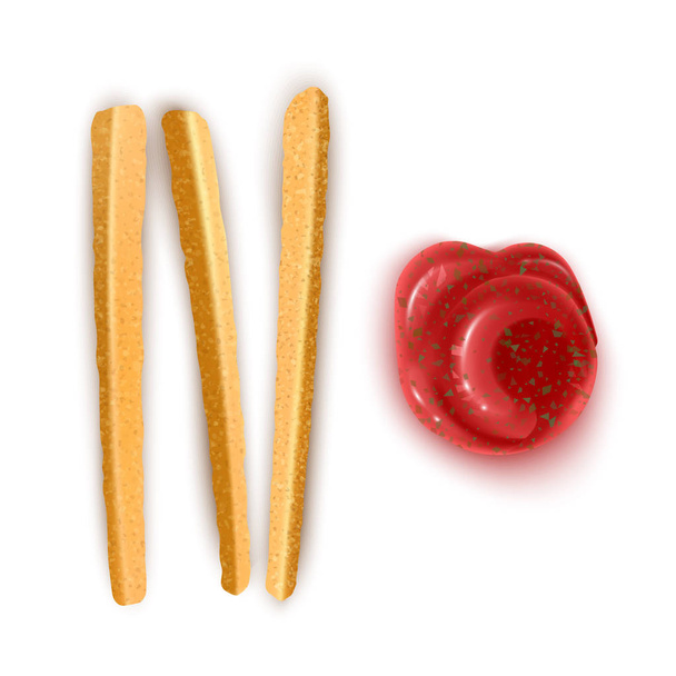 Hasábburgonya a chili mártással és ketchup reális stílusban, elszigetelt fehér háttér vektor EPS 10 illusztráció - Vektor, kép