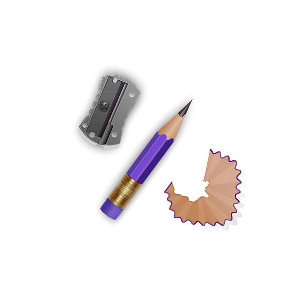 Satz Vektor-Illustrationen in realistischem Stil geschärfte Bleistifte mit Gummi und Spitzer, Bleistiftspäne und Graphit isoliert auf weiß - Vektor, Bild