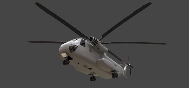 Askeri taşıma veya kurtarma helikopteri gri arka plan üzerinde. 3D çizim. - Fotoğraf, Görsel