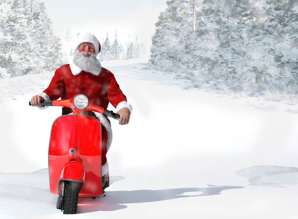 Papai Noel em Scooter Vermelho Vintage, ilustração 3D
 - Foto, Imagem