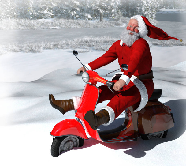 Santa Claus on Vintage Red Scooter, 3D illustration
 - Фото, изображение