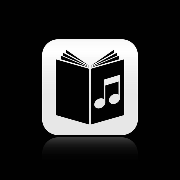 Icono de libro de audio negro aislado sobre fondo negro. Nota musical con libro. Signo de audio guía. Concepto de aprendizaje en línea. Botón cuadrado plateado. Ilustración vectorial
 - Vector, Imagen