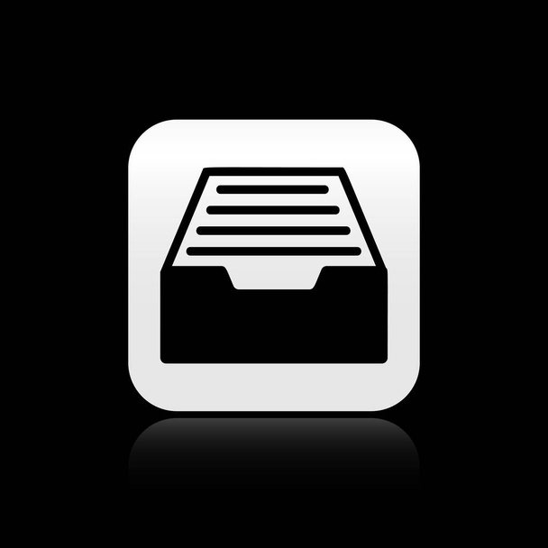 Cajón negro con icono de documentos aislado sobre fondo negro. Cajón de papeles de archivo. Cajón del archivador. Muebles. Botón cuadrado plateado. Ilustración vectorial
 - Vector, Imagen