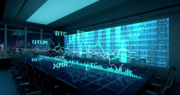 Graphiques holographiques animés Statistiques financières sur la table dans l'intérieur de bureau de nuit. Crypto-monnaie Bitcoin Exchange trading Concept de jeu boucle transparente 4K vidéo rendu 3d
.  - Séquence, vidéo