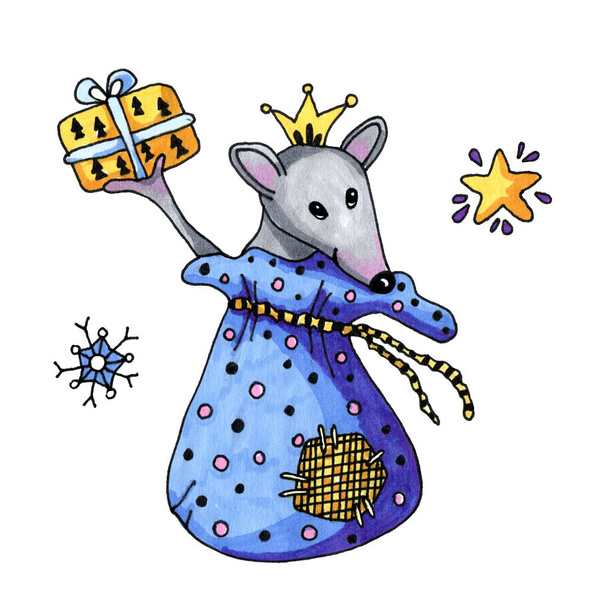 Dessin animé rat animal, souris, symbole 2020, préparé une surprise et donne des cadeaux. Illustration aquarelle de dessin à la main pour la conception d'enfants et de produits de Noël
. - Photo, image