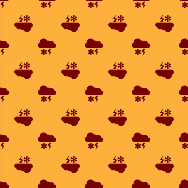 Red Cloud with snow and lightning icon isolated seamless pattern on brown background. Cloud with snowflakes. Single weather icon. Snowing sign. Vector Illustration - Vector, Image