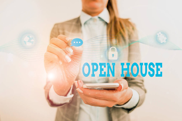 Word writing text Open House. Business concept for you can come whatever whenever want Make yourself at home Female human wear formal work suit presenting presentation use smart device. - Photo, Image