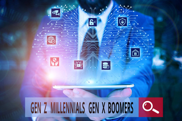 Fogalmi kézzel írásban bemutató Gen Z Millennials Gen X-boom. Üzleti fotó szöveg generációs különbségek Old Young mutatja férfi viselnek hivatalos öltönyt bemutató bemutatása intelligens eszköz. - Fotó, kép