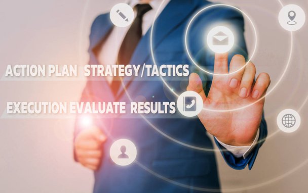Woord schrijven tekst actie plan strategie Ortacti. Business concept voor actie plan strategie of tactiek uitvoering evalueren resultaten. - Foto, afbeelding