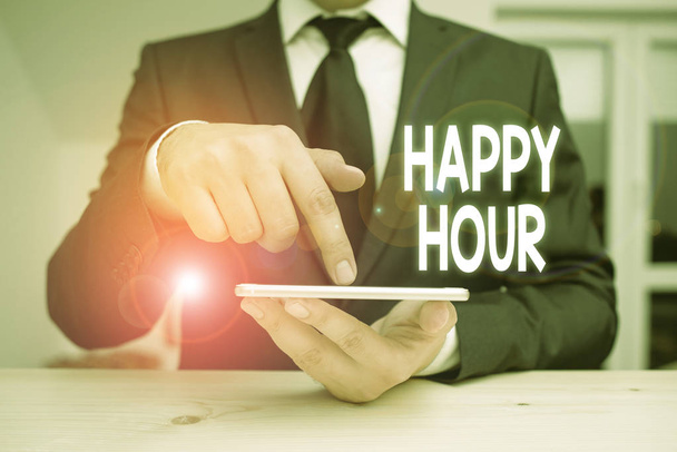 Writing note showing Happy Hour. Business photo showcasing Spending time for activities that makes you relax for a while. - Foto, afbeelding