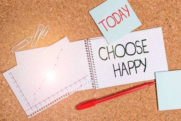 Написання нотатки, що показує Вибір Щасливий. Ділова фотографія демонструє здатність створювати справжнє та довготривале щастя для себе Картонна графіка дослідницьких матеріалів
. - Фото, зображення