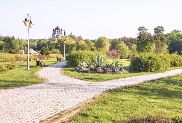 schöne allee im frühlingspark feofania, kiev, ukraine. im Hintergrund ist die Kathedrale St. Panteleimon der Haupttempel des Klosters. - Foto, Bild