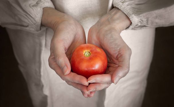 Maalaisnainen, maanviljelijä pitelee yhtä punaista ja mehukasta tomaattia
 - Valokuva, kuva