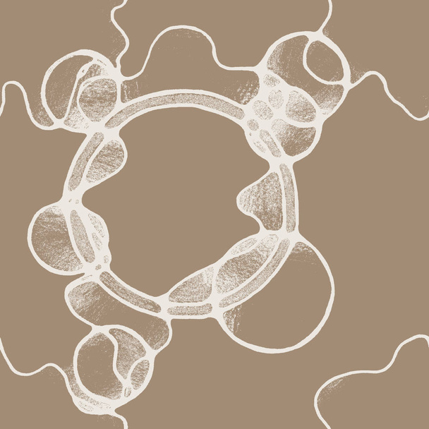 Naadloos abstract patroon met witte cirkels, lijnen en kronkels tegen een licht bruine achtergrond. Eenvoudige potlood tekening. Fractal handmatige graphics. - Foto, afbeelding