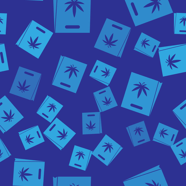 Blue Shopping papieren zak met medicinale marihuana of cannabis blad icoon geïsoleerd naadloos patroon op blauwe achtergrond. Wiet kopen. Hennep symbool. Vector Illustratie - Vector, afbeelding