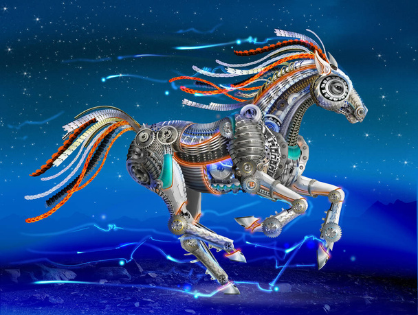 helles Pferd Roboter aus mechanischen Teilen. Cyberpunk - Foto, Bild