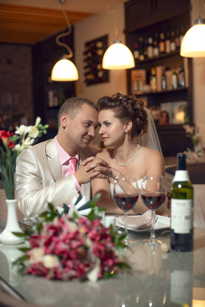 newly married in restaurant - Photo, Image