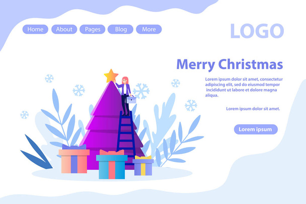  Πρωτοχρονιά γιορτάζοντας, χριστουγεννιάτικο χαιρετισμό, διακοσμημένο δέντρο. Επίπεδη εικόνα που απομονώνεται σε λευκό φόντο. Μπορεί να χρησιμοποιηθεί για banner ιστού, ενημερωτικά γραφήματα, ιστοσελίδα. - Διάνυσμα, εικόνα
