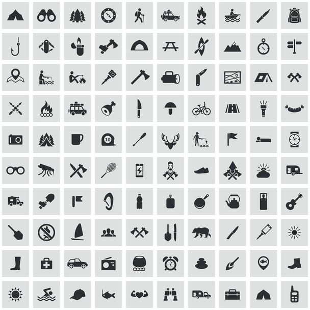 Camping 100 ikon univerzální sada pro web a UI. - Vektor, obrázek