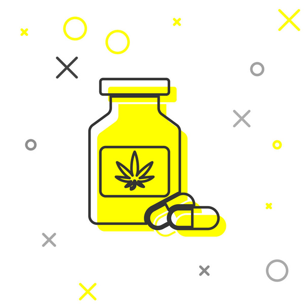 Beyaz arka planda marihuana veya kenevir yaprağı ikonu bulunan gri çizgi tıp şişesi. Kavanozlardaki kenevir yağı özlerini taklit et. Vektör İllüstrasyonu - Vektör, Görsel
