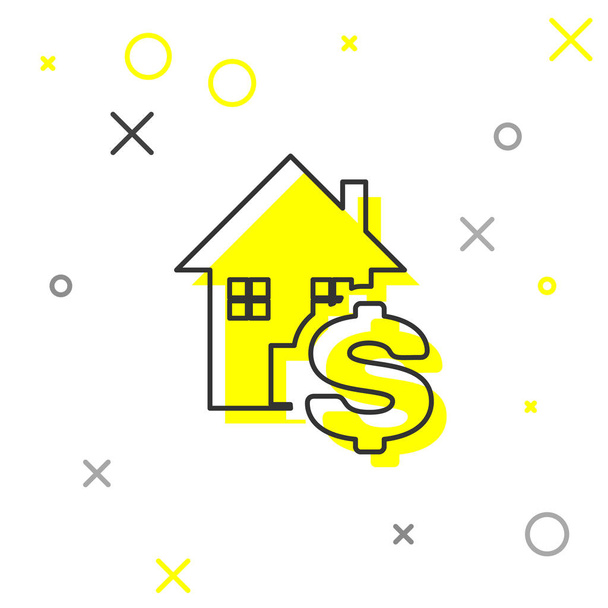 Beyaz arka planda izole dolar sembolü simgesi ile Gri çizgi House. Ev ve para. Gayrimenkul konsepti. Vektör İllüstrasyonu - Vektör, Görsel