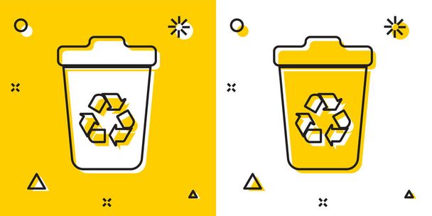 schwarzer Papierkorb mit Symbolsymbol auf gelbem und weißem Hintergrund. Mülleimer-Symbol. Mülleimer-Schild. Recyclingkorbschild. zufällige dynamische Formen. Vektorillustration - Vektor, Bild
