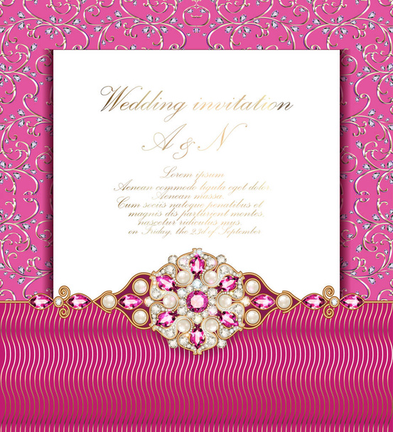 Ilustración boda invitación con adornos de oro y piedras preciosas
. - Vector, imagen