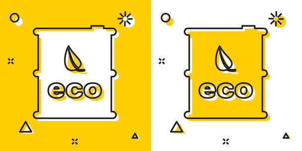 Icono de barril de combustible negro Bio aislado sobre fondo amarillo y blanco. Eco bio y bote. Medio ambiente verde y reciclaje. Formas dinámicas aleatorias. Ilustración vectorial
 - Vector, imagen