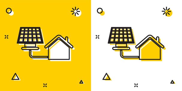 Το μαύρο σπίτι με το εικονίδιο του ηλιακού πάνελ απομονώνεται σε κίτρινο και λευκό φόντο. Οικολογία, ηλιακή ανανεώσιμη ενέργεια. Φιλικό προς το οικολογικό σπίτι. Προστασία του περιβάλλοντος. Τυχαία δυναμικά σχήματα. Απεικόνιση διανυσματικών φορέων - Διάνυσμα, εικόνα