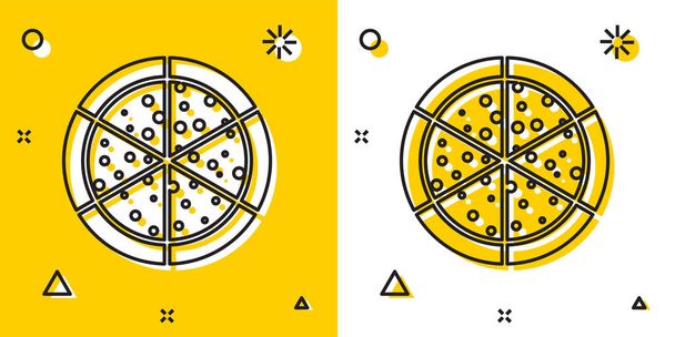 Το εικονίδιο της μαύρης πίτσας απομονώνεται σε κίτρινο και λευκό φόντο. Τυχαία δυναμικά σχήματα. Απεικόνιση διανυσματικών φορέων - Διάνυσμα, εικόνα