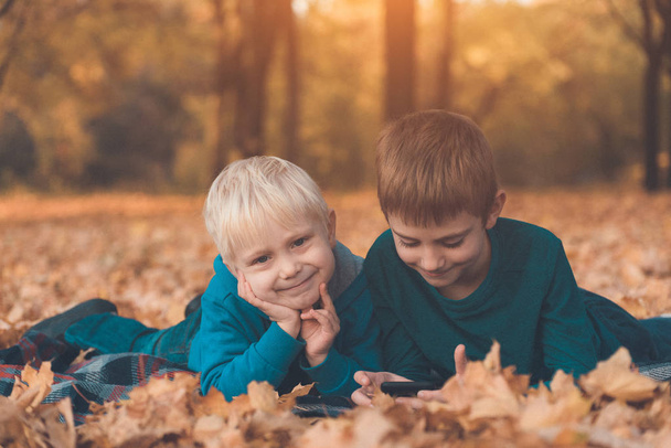 黄色い紅葉に横たわる2人の小さな兄弟がスマートフォンを使っていました。笑顔と楽しみを持っています。秋の日 - 写真・画像