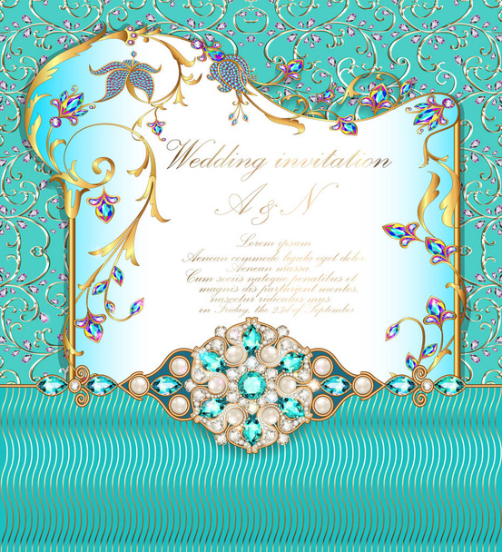 Illustration invitation de mariage avec des ornements en or et pierres précieuses
. - Vecteur, image