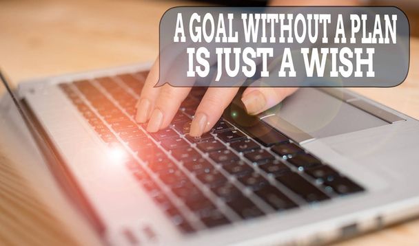 Writing note showing A Goal Without A Plan Is Just A Wish. Business photo showcasing Make strategies to reach objectives woman with laptop smartphone and office supplies technology. - Foto, afbeelding